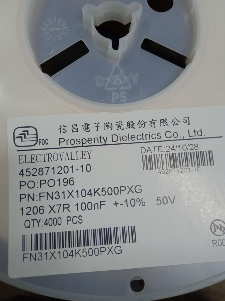 PDC MLCC | P/N: FN31X104K500PXG | 1206 | 100nF / 0.1uF | 50V | X7R | ±10% | Code 104 | FN General Purpose