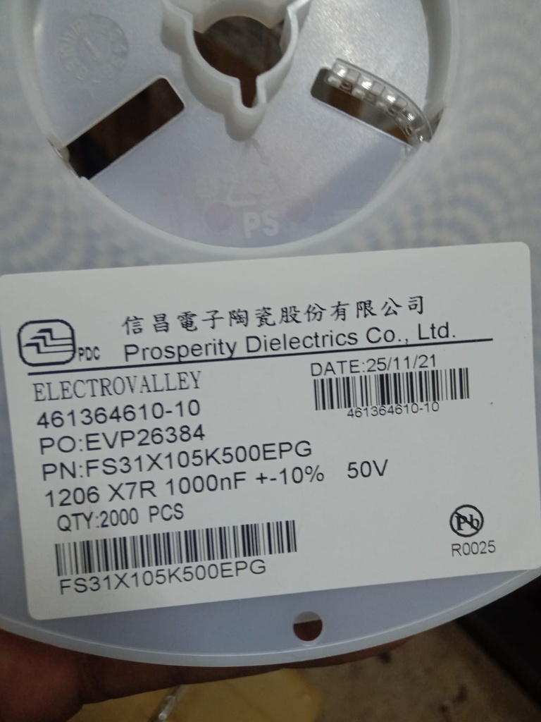 PDC MLCC | P/N: FS31X105K500EPG | 1206 | 1uF | 50V | X7R | ±10% | Code 105 | FS High Capacitance