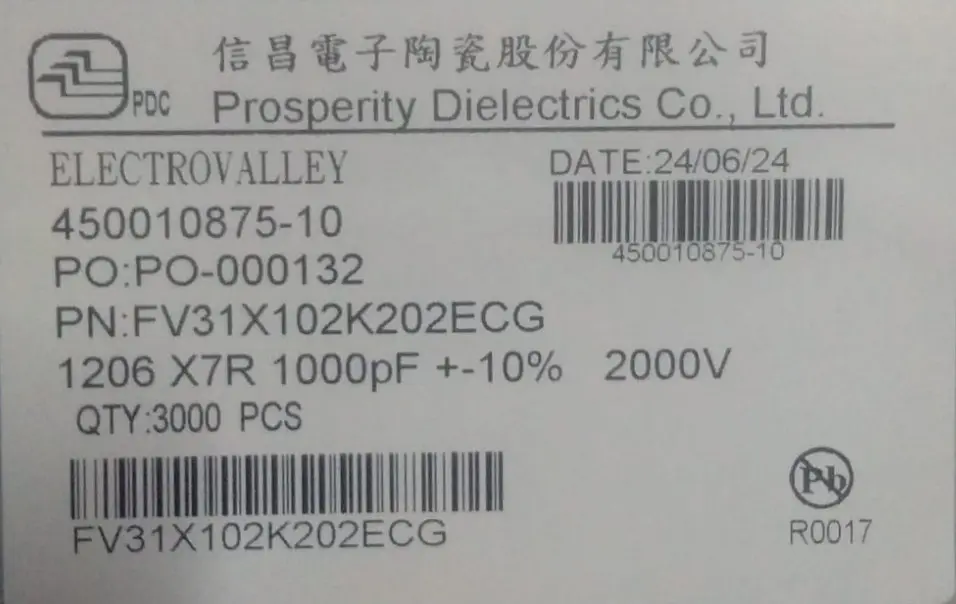 PDC MLCC | P/N: FV31X102K202ECG | 1206 | 1nF | 2kV / 2000V | X7R | ±10% | Code 102 | FV High Voltage