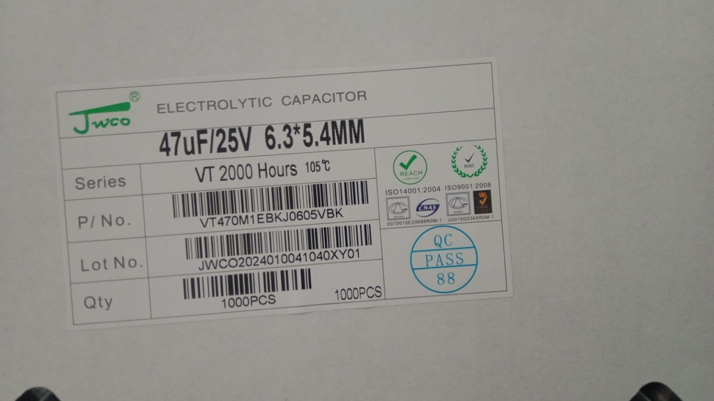 VT | JWCO | 47uF 25V | 6.3x5.4mm | 105C | 1-2K Hrs | SMD | SPQ-1K